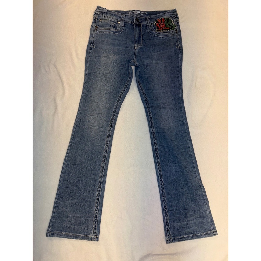 Ninth Hall Mens Embroidered Graphic Denim Jeans Blue 36 Eagle Snake Y2K Flare